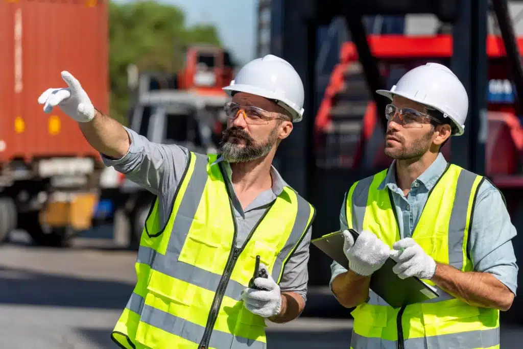 deux hommes de chantier qui discutent