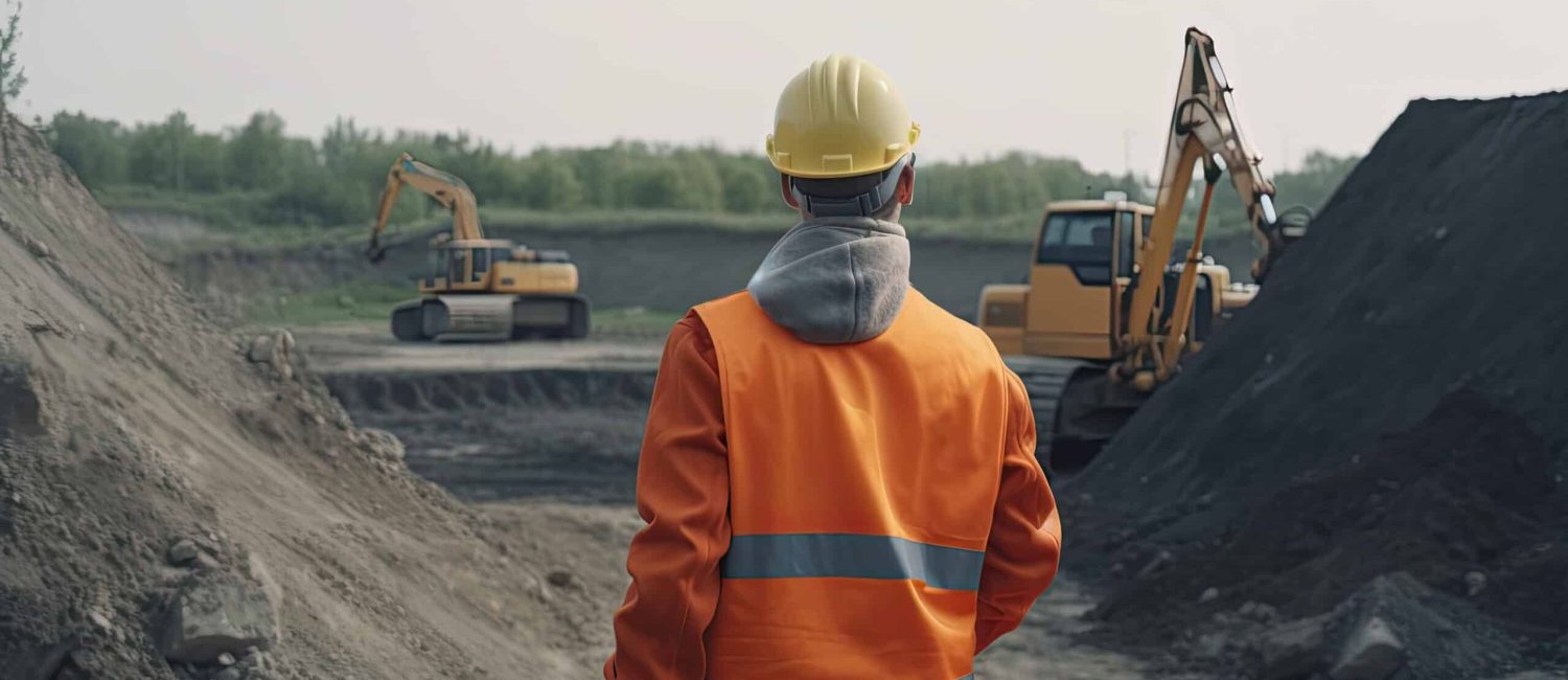 worker from behind dressed in work clothes observing some excavators on the construction site.